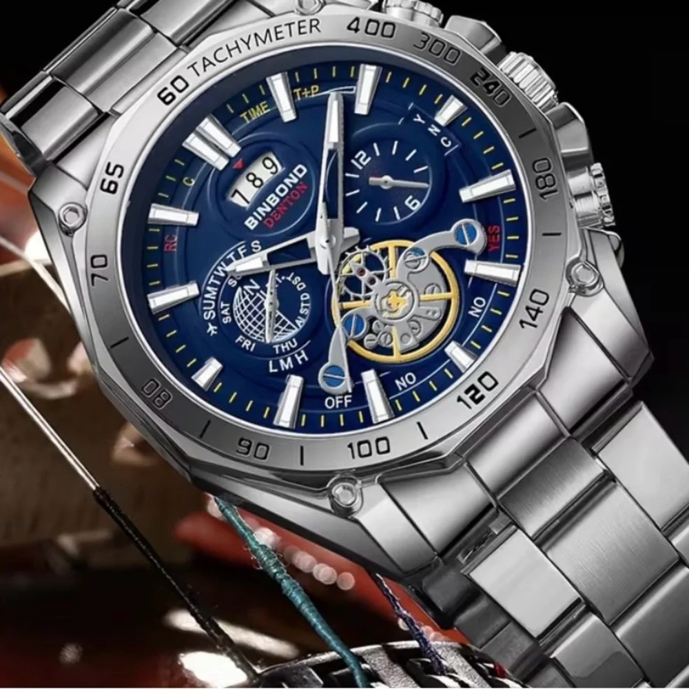 Binbond Bestwin Blue Dial Chronograph Silver Stainless Steel Quartz Watch